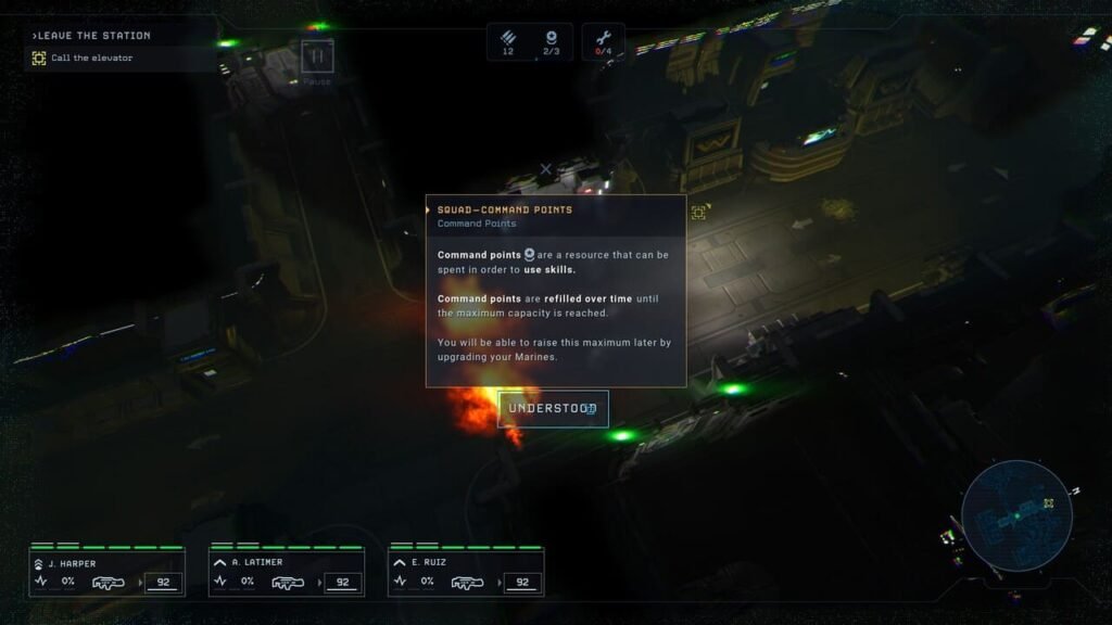 Command Points tooltip explaining resource use for abilities in Aliens: Dark Descent