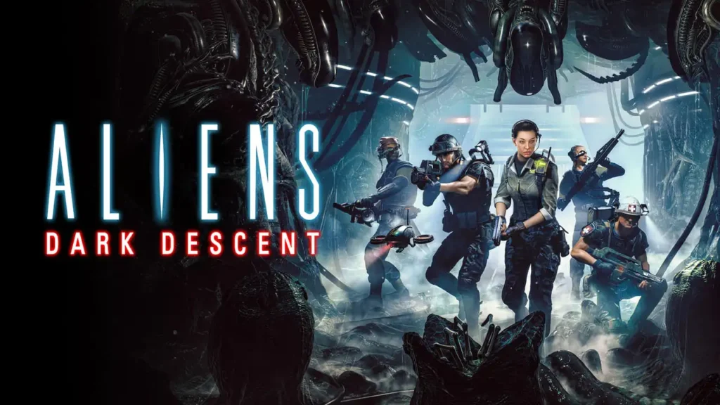 Squad leader Hayes holding a rifle with marines flanking him and a Xenomorph clinging to the ceiling above