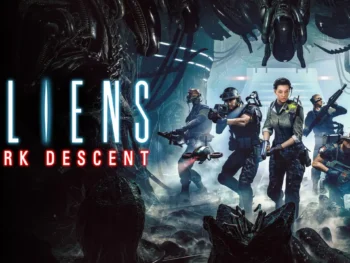 Squad leader Hayes holding a rifle with marines flanking him and a Xenomorph clinging to the ceiling above