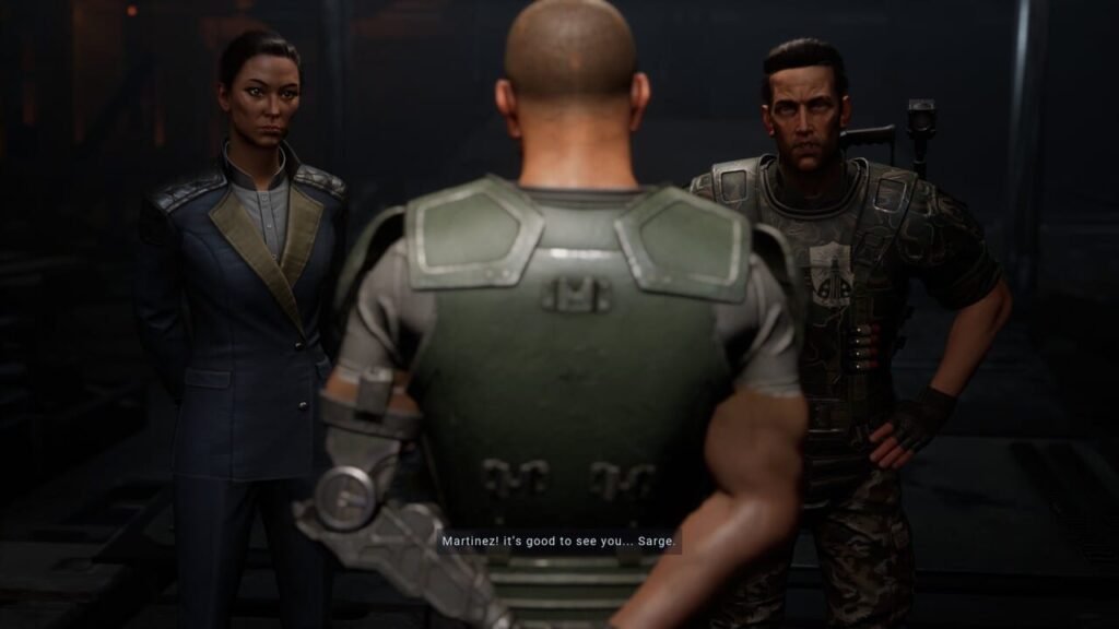 Cutscene showing Hayes, Harper, and Martinez interacting in Aliens: Dark Descent