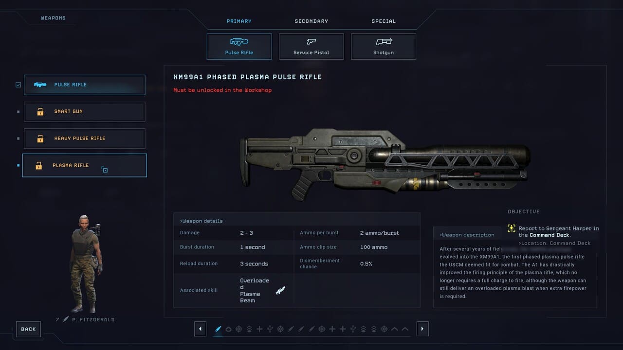 Gunner class loadout screen showing primary weapons and stats in Aliens: Dark Descent