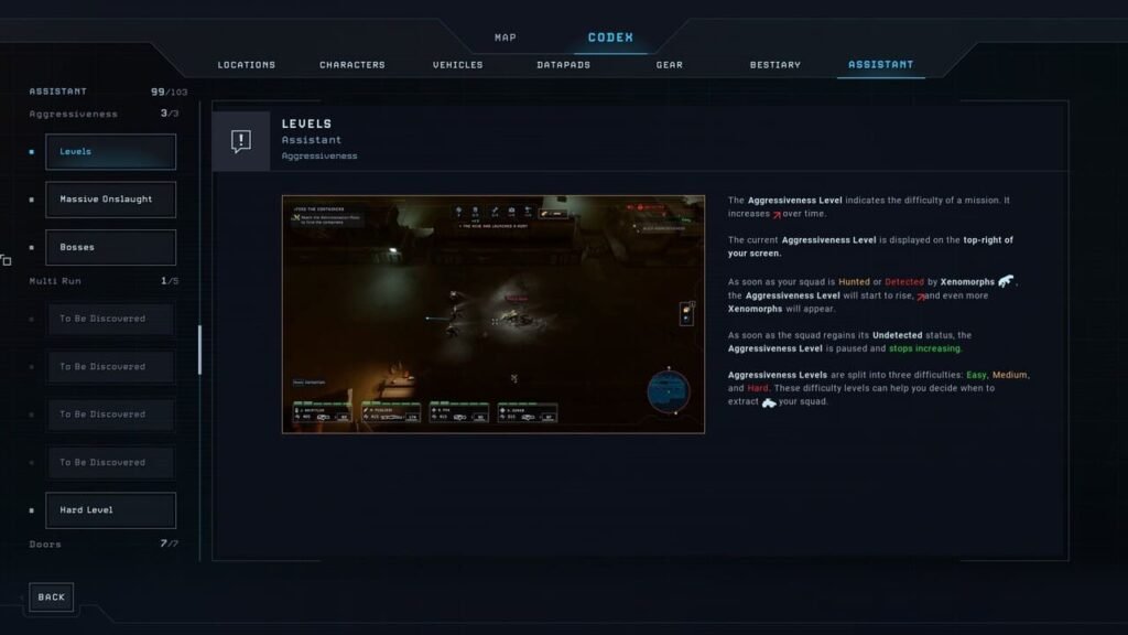 Tooltip explaining the Hive Aggression Meter in Aliens: Dark Descent