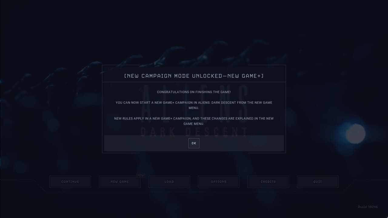 Completion screen showing New Game Plus mode unlocked in Aliens: Dark Descent