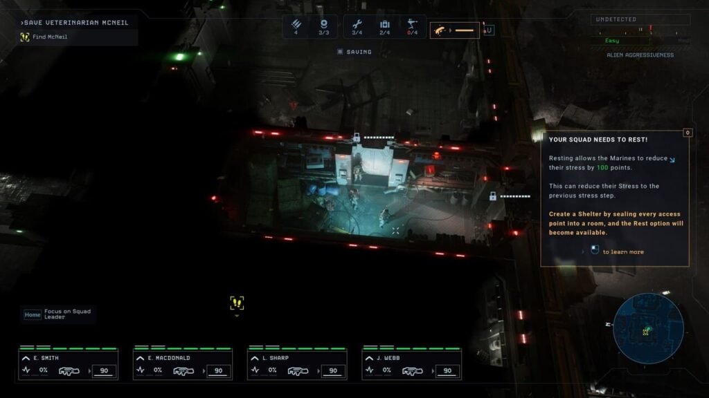 Tooltip alert showing squad needs rest to recover from stress in Aliens: Dark Descent