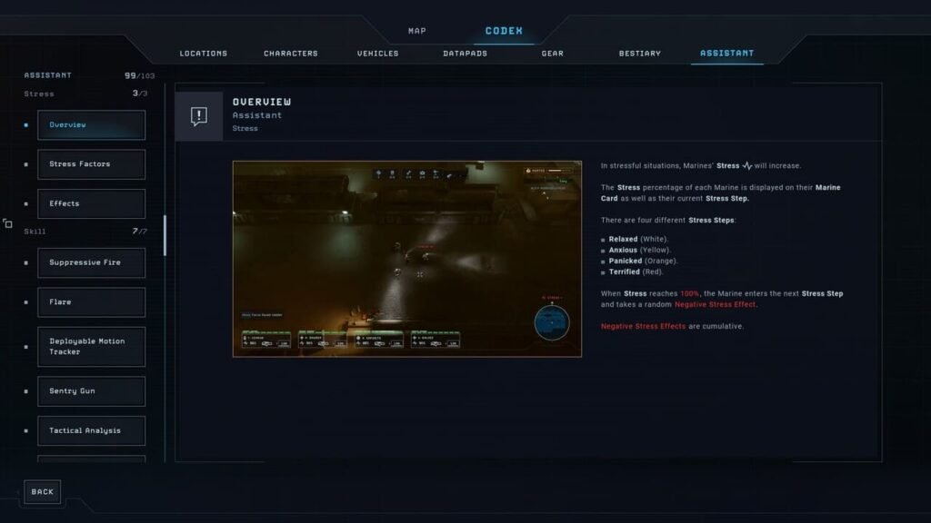 Tooltip explaining the Stress system effects on marines in Aliens: Dark Descent