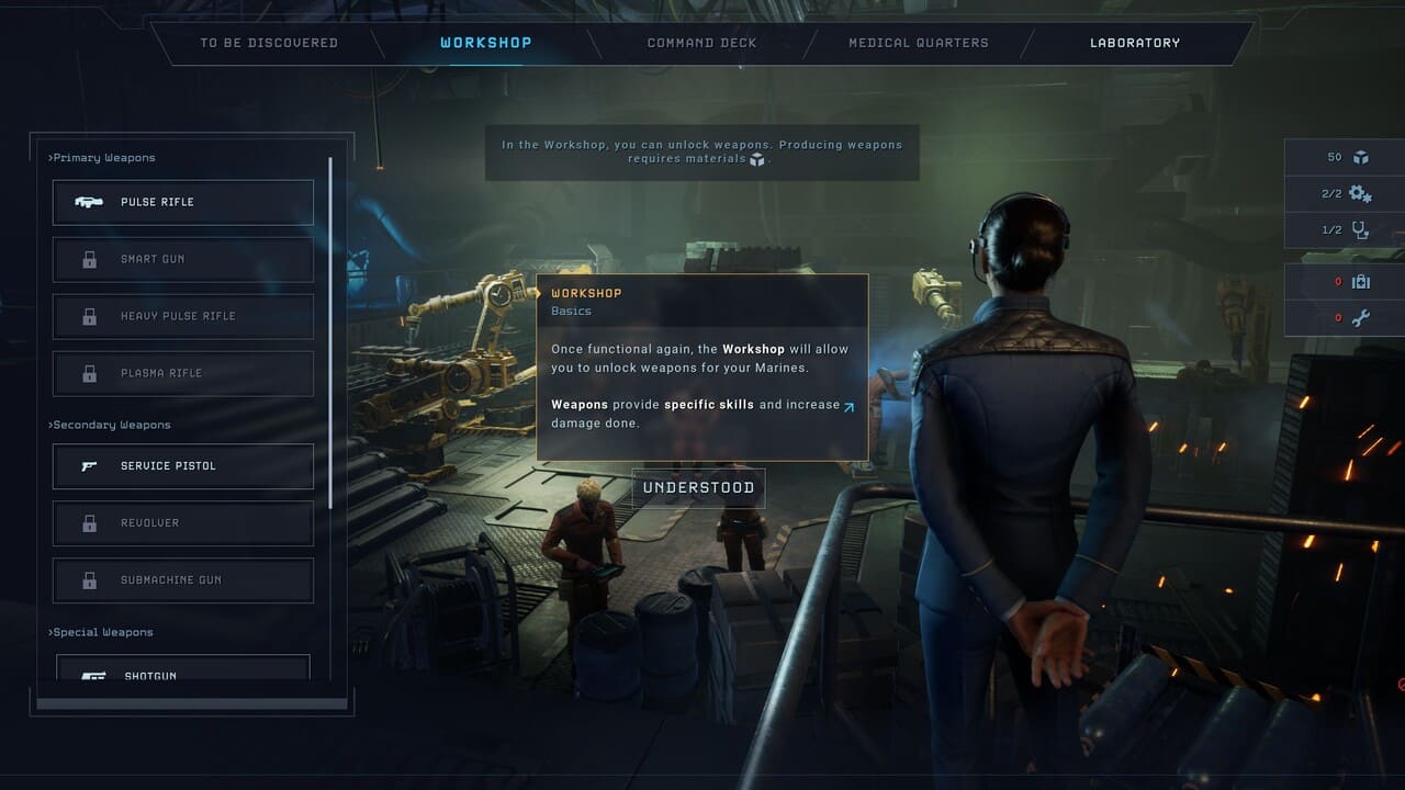 Workshop interface with crafting and research tooltip in Aliens: Dark Descent