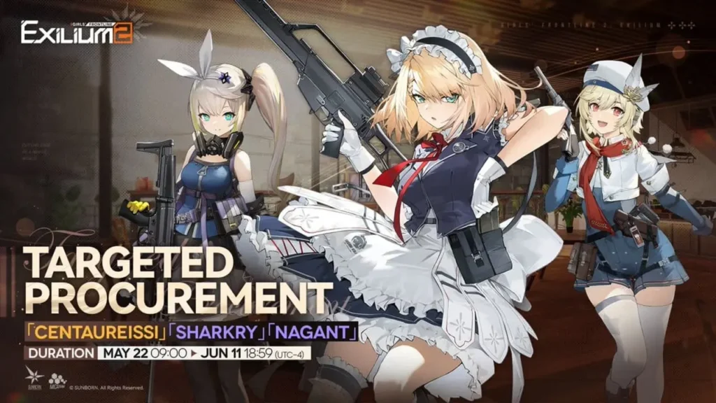 Girls' Frontline 2 Centauressi rerun banner featuring Sharkry and Nagant, running May 22 to June 11.