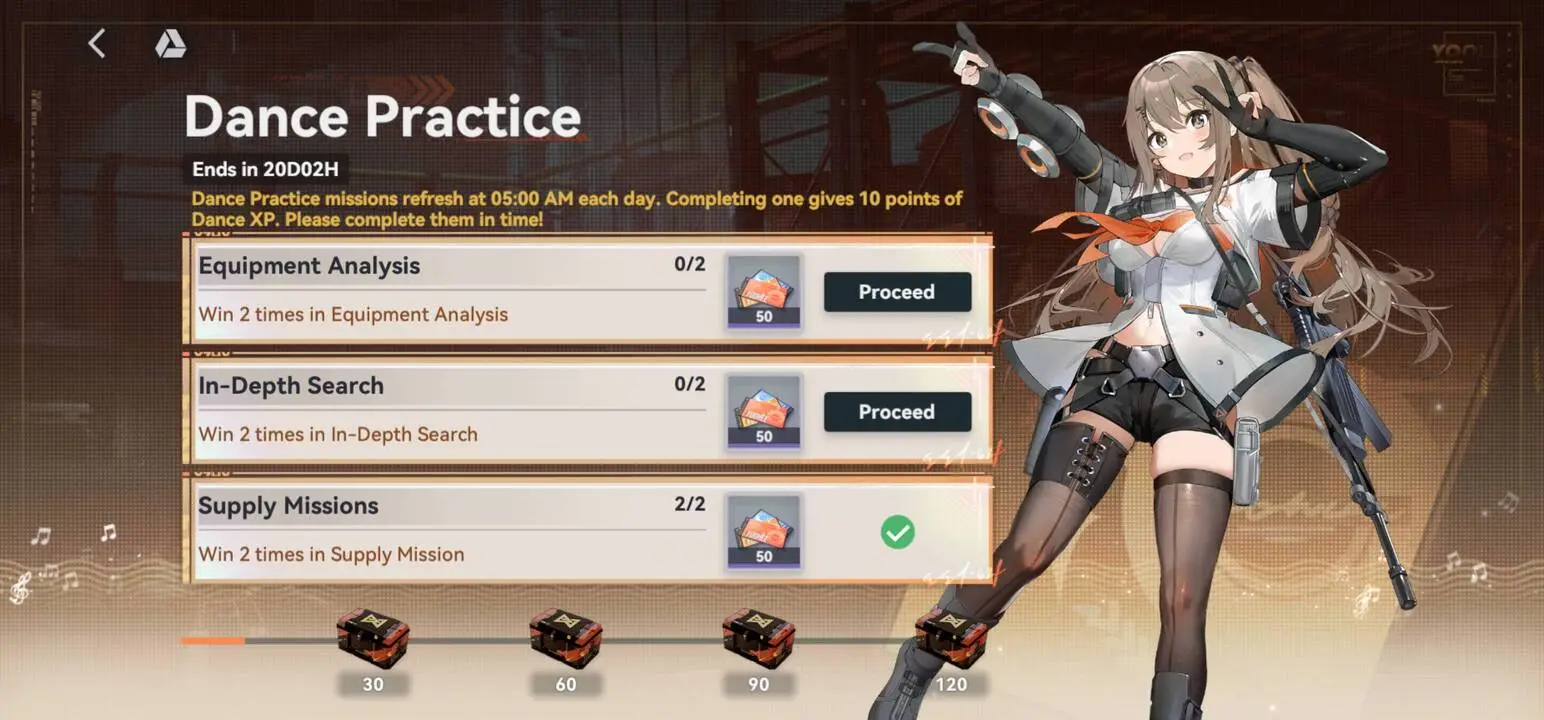 GFL2 Dance Practice screen with three daily challenge tasks and milestone rewards for Silvered Whispers event