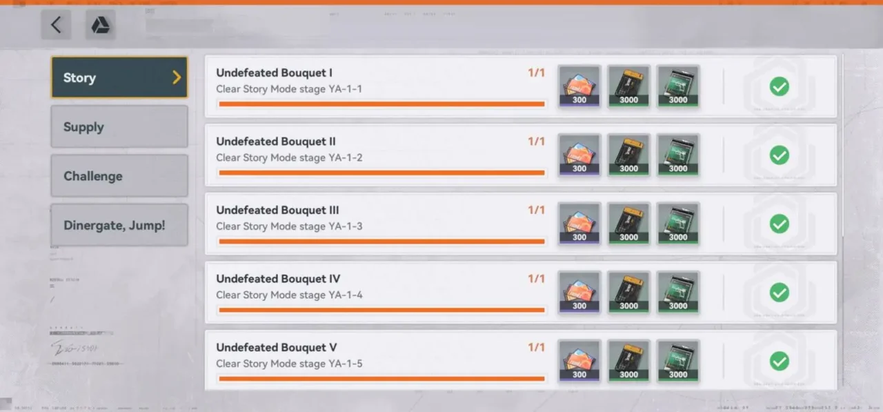 Silvered Whispers story missions list showing Undefeated Bouquet stages and rewards in Girls’ Frontline 2 Exilium