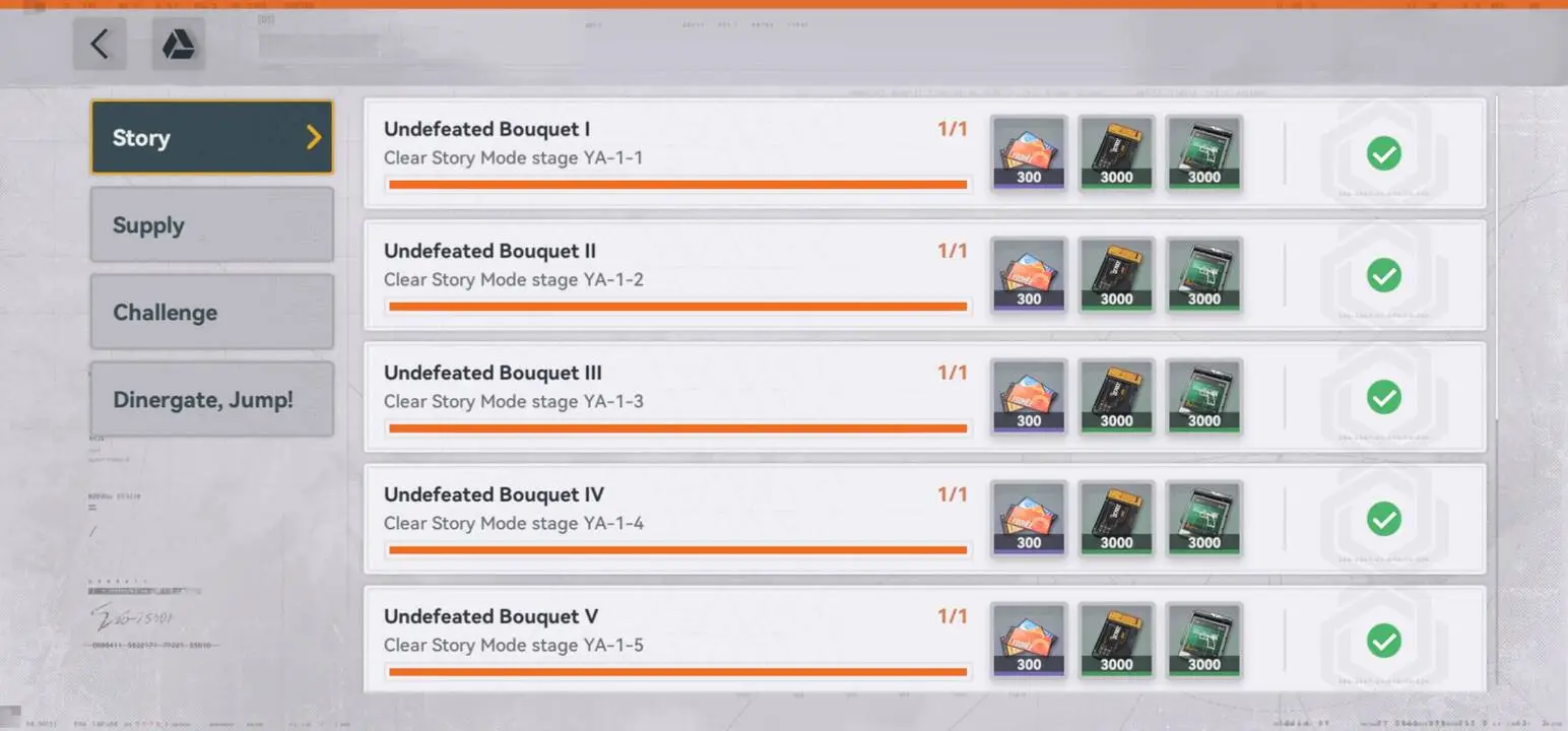 GFL2 Data Node screen showing progress milestones for Story, Supply, Challenge, and Dinergate, Jump! event modes.