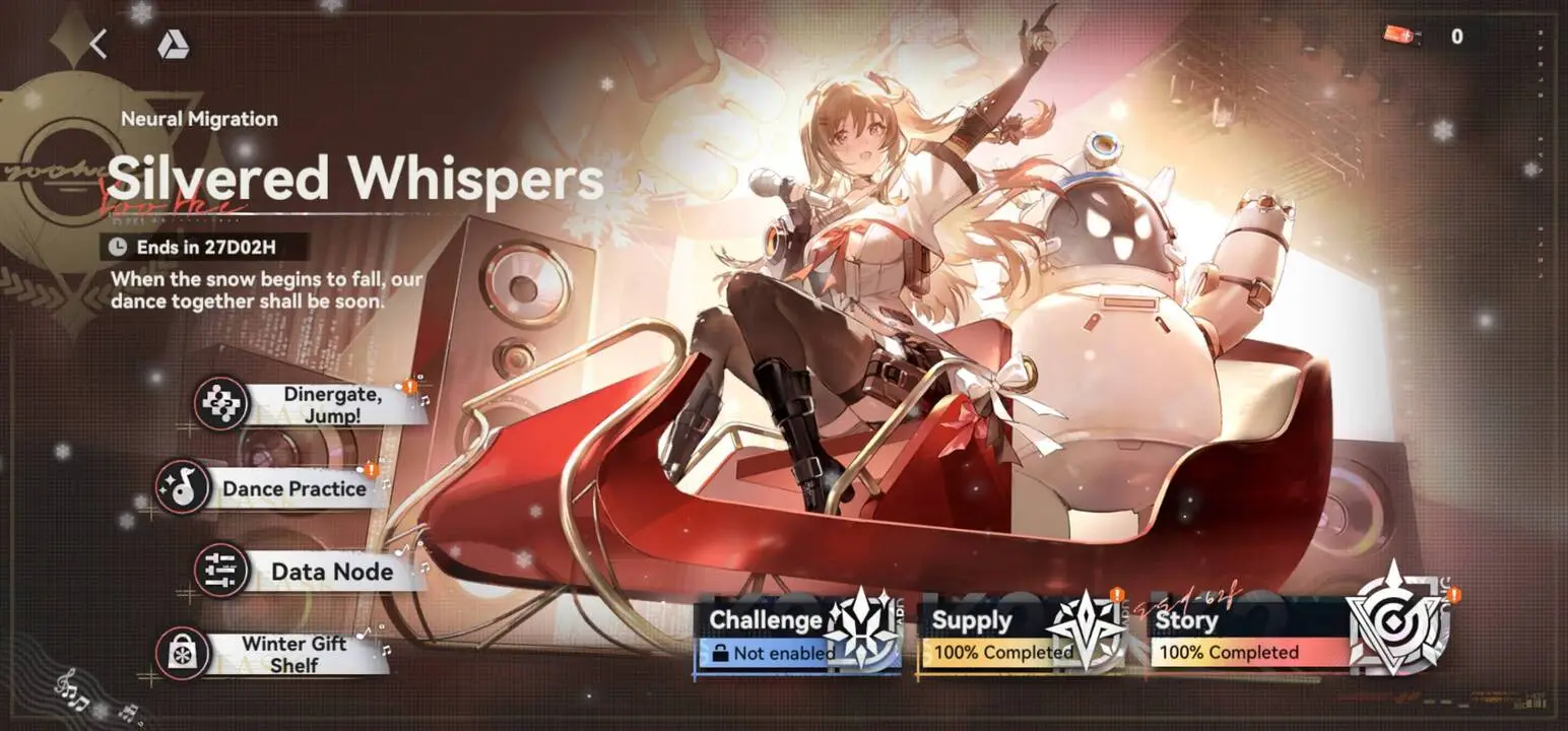 GFL2 Silvered Whispers event hub showing four sections and three selectable game modes.