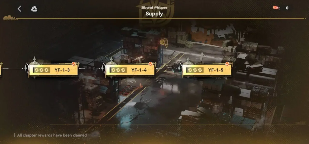 Silvered Whispers supply missions map showing YF stages and completion status in Girls’ Frontline 2 Exilium