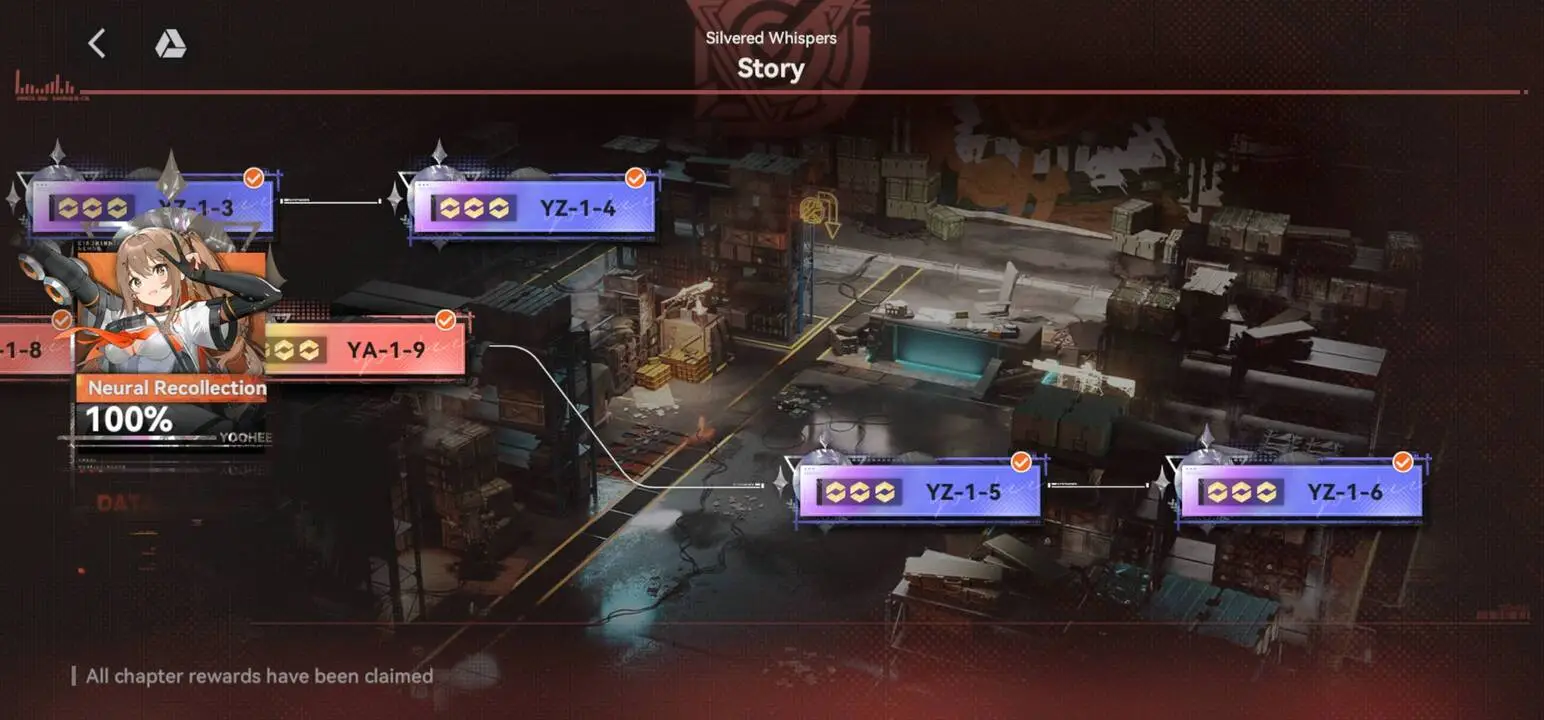 GFL2 Silvered Whispers Story mode screen with Neural Recollection progress and overall event completion percentage on the left.