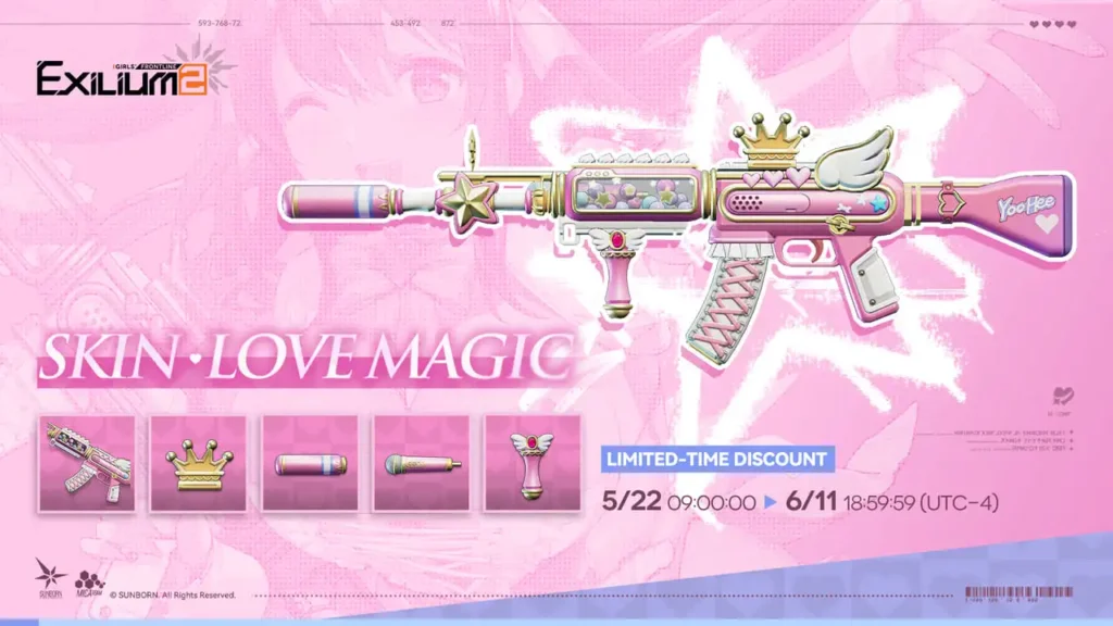 Girls' Frontline 2 Yoohee Love Magic premium weapon skin with pink and gold accents and crown accessory, limited-time sale May 22 to June 11.