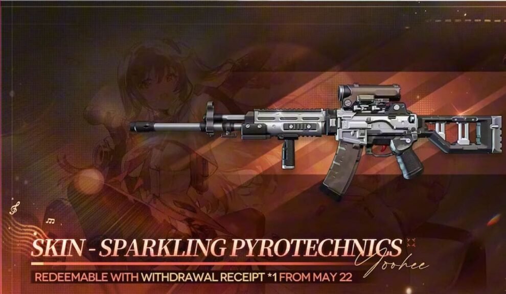 Girls' Frontline 2 Yoohee Sparkling Pyrotechnics weapon skin, redeemable with one Withdrawal Receipt starting May 22.