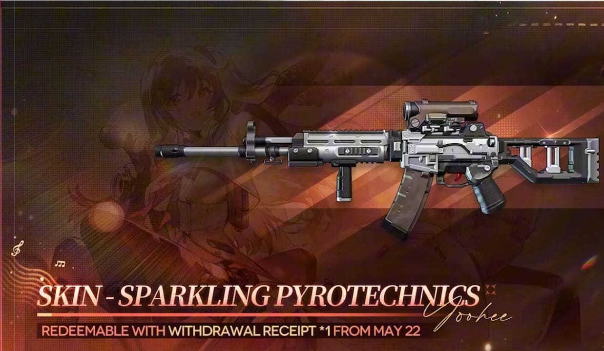 Girls' Frontline 2 Yoohee Sparkling Pyrotechnics weapon skin, redeemable with one Withdrawal Receipt starting May 22.