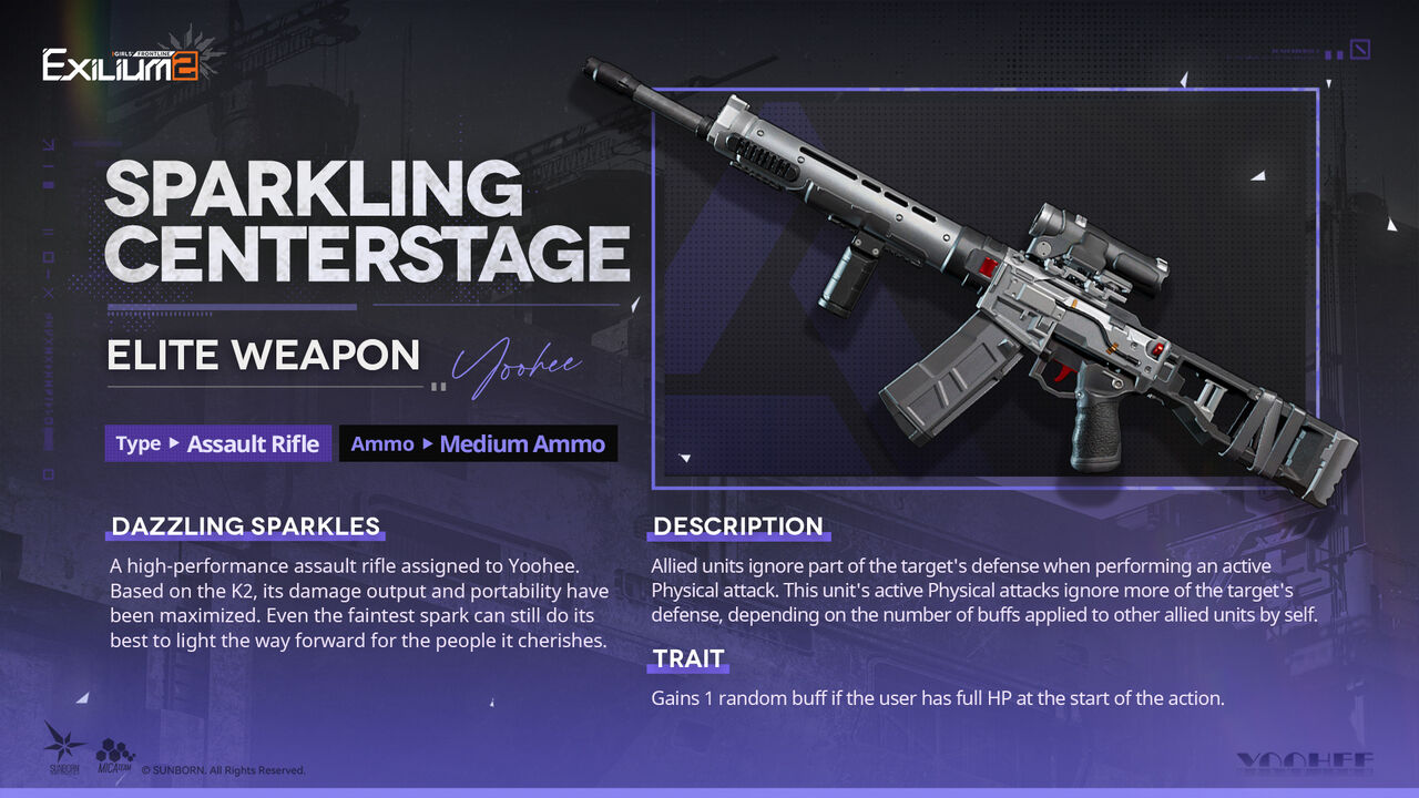 Girls' Frontline 2 Sparkling Centerstage weapon banner featuring Yoohee’s signature weapon and its effects.