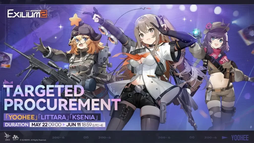 Girls' Frontline 2 Targeted Procurement banner featuring Yoohee, Littara, and Ksenia, active from May 22 to June 11.