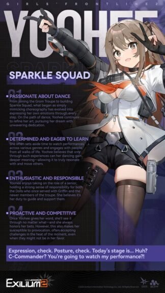 Yoohee character profile card from Girls' Frontline 2 with personality traits and Sparkle Squad affiliation displayed.