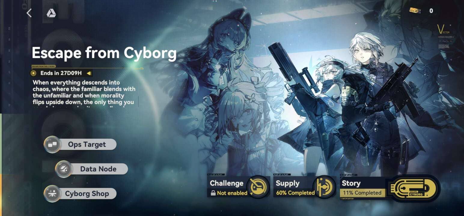 Escape From Cyborg event hub screen featuring Vector and Mechty, with access to Ops Target, Data Node, Cyborg Shop, Challenge Mode, Supply, and Story.