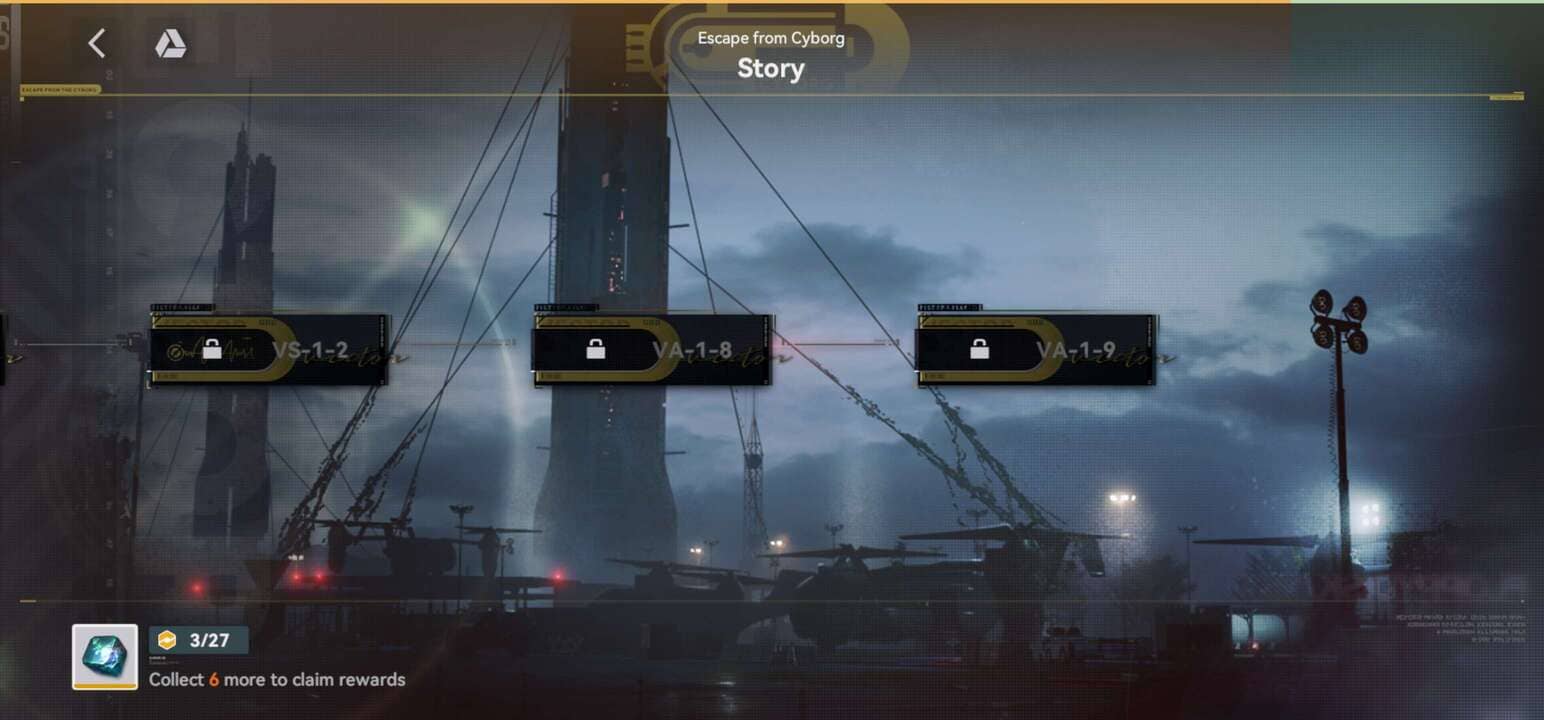 Story Mode screen for Escape From Cyborg, showing the full mission list ending at 1-9.