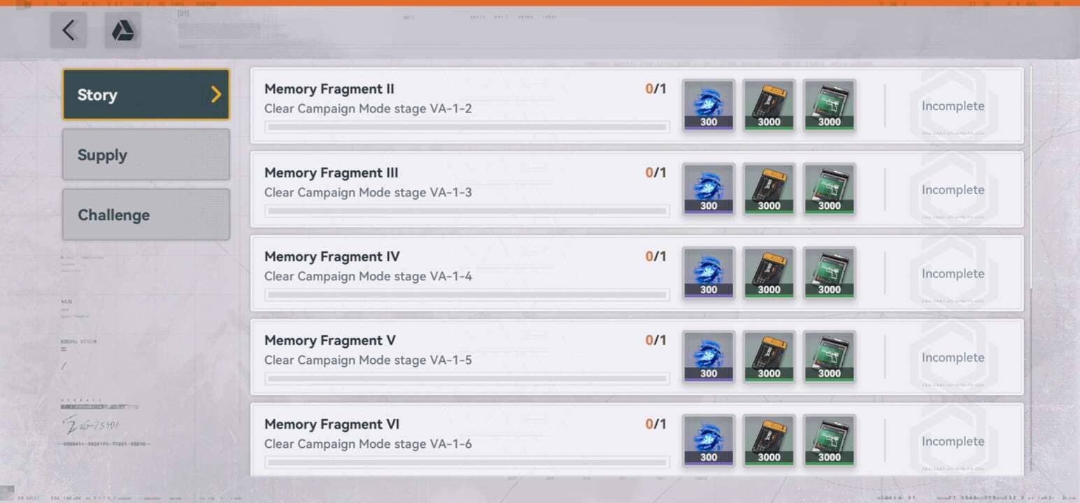 Data Node screen from Escape From Cyborg, listing objectives that reward event currency, combat records, and weapon reports.