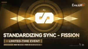 Standardizing Sync – Fission limited-time event banner with gold background, event duration, and title displayed.