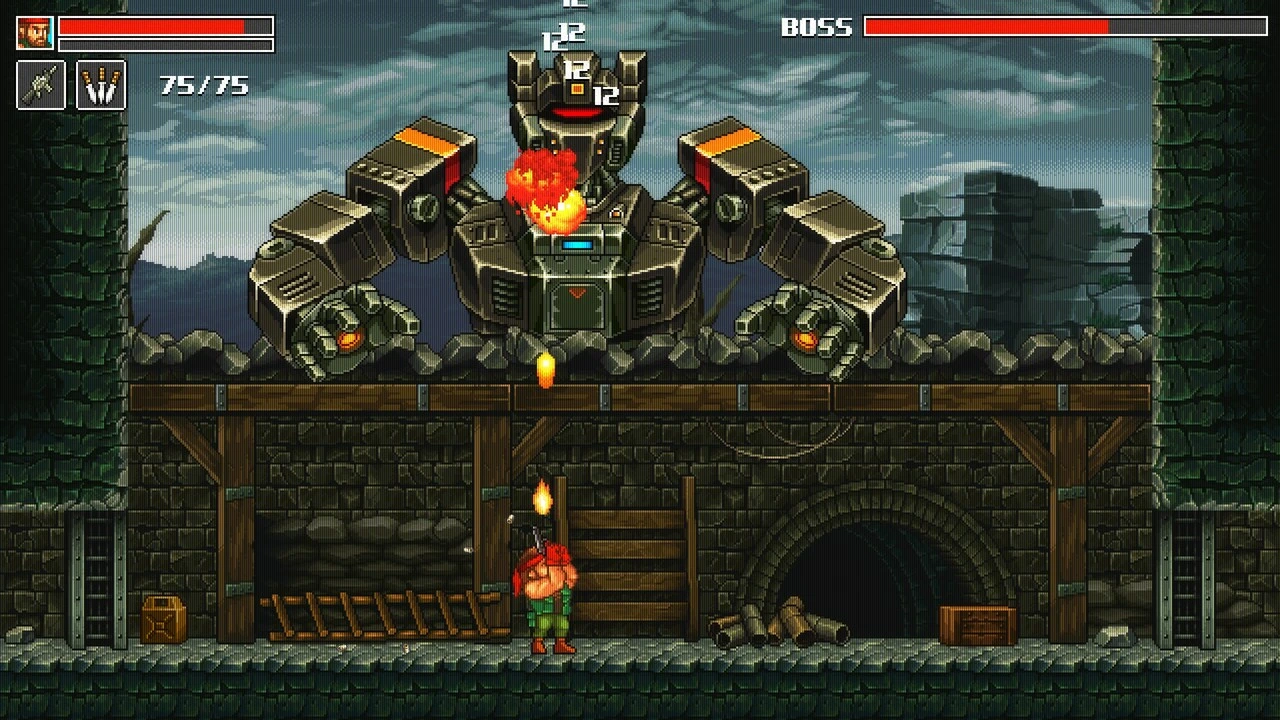 Vincent shooting upward at a giant robot boss, dealing 12 damage with visible health bar