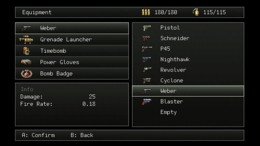 Vincent’s equipment screen showing available handguns in Guns of Fury