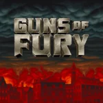 City engulfed in flames with Guns of Fury title in bold bronze metal font