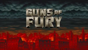 City engulfed in flames with Guns of Fury title in bold bronze metal font