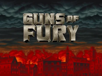 City engulfed in flames with Guns of Fury title in bold bronze metal font