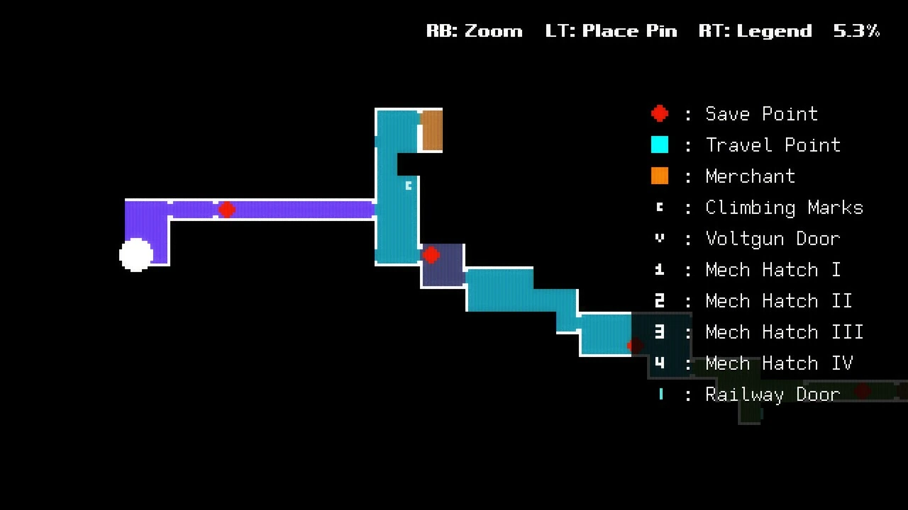Map screen with legend showing save points, travel points, merchant, and other icons