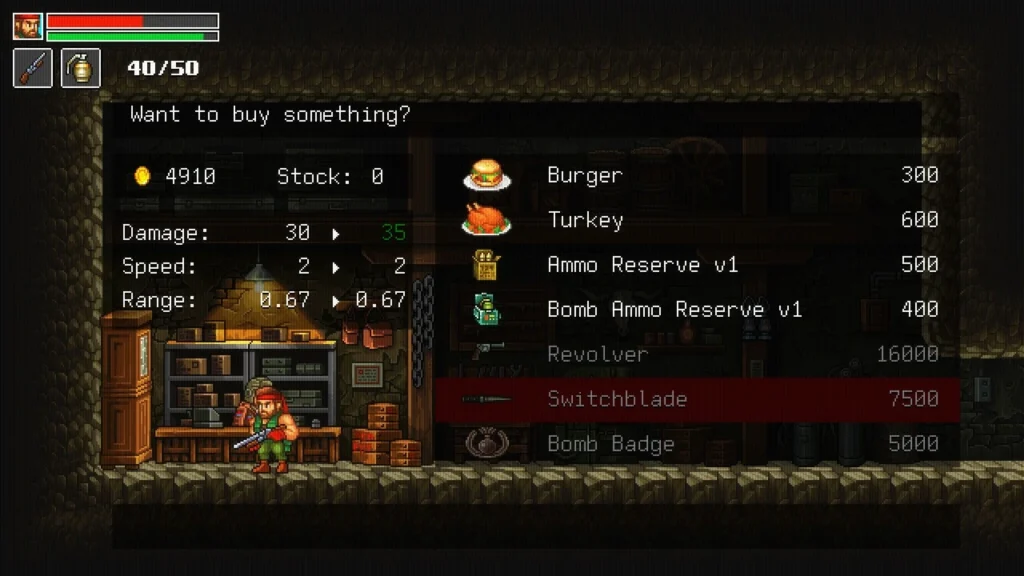 Merchant shop screen showing items for sale and comparison to current gear