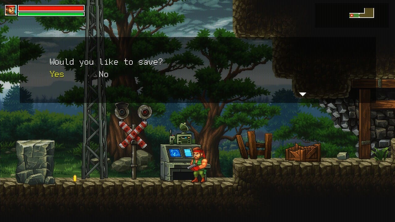 Vincent interacting with a save station in Guns of Fury