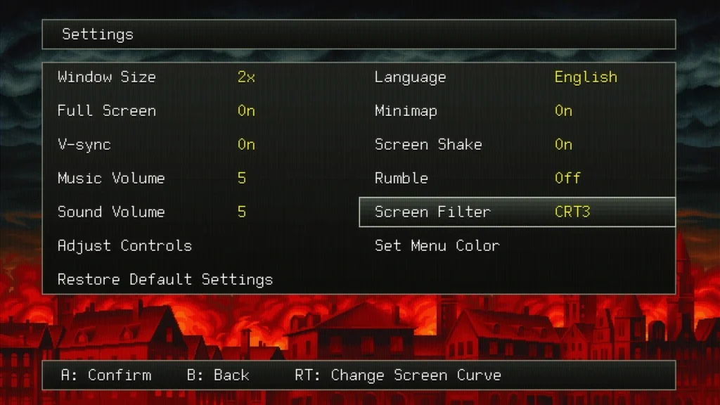 Settings menu highlighting screen filter option set to CRT2 in Guns of Fury