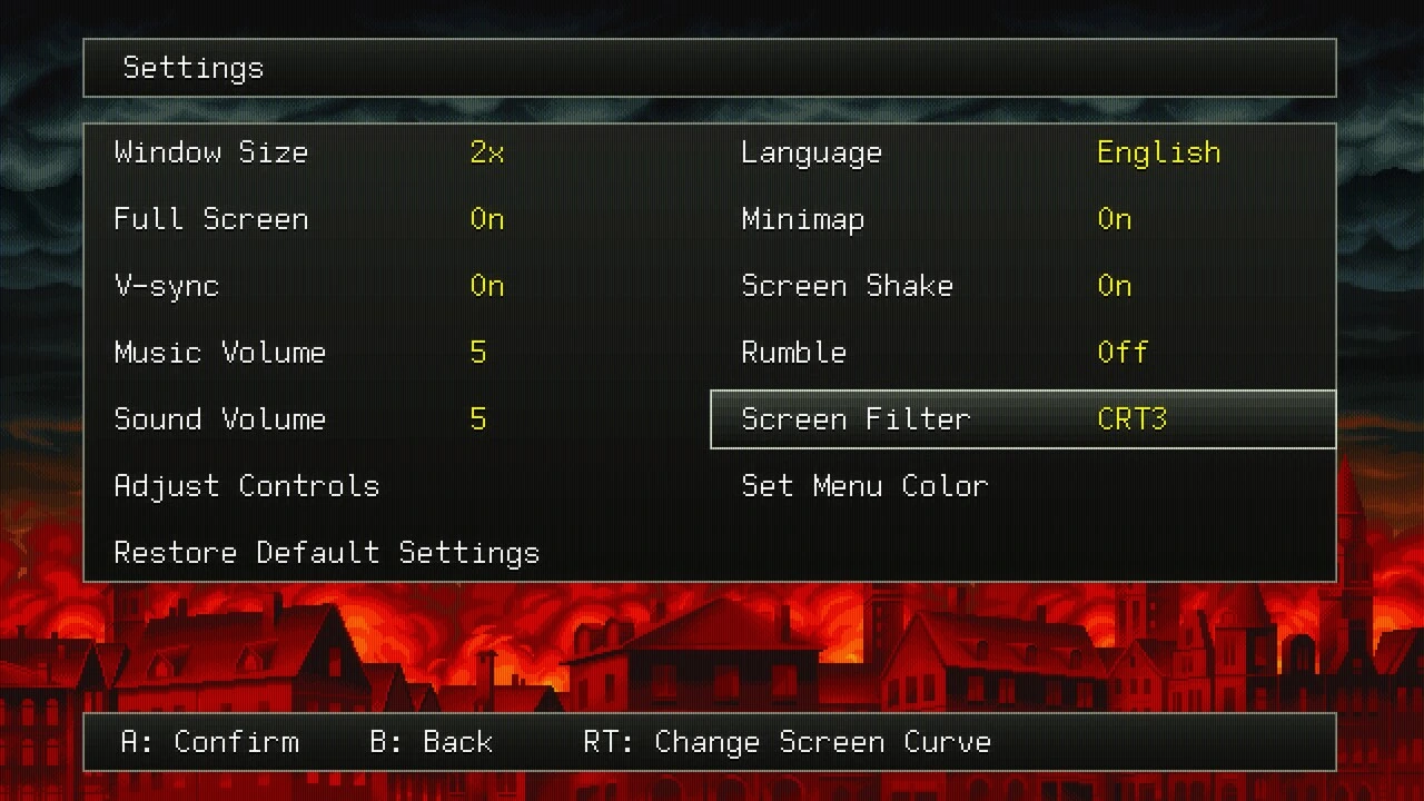 Settings menu highlighting screen filter option set to CRT2 in Guns of Fury