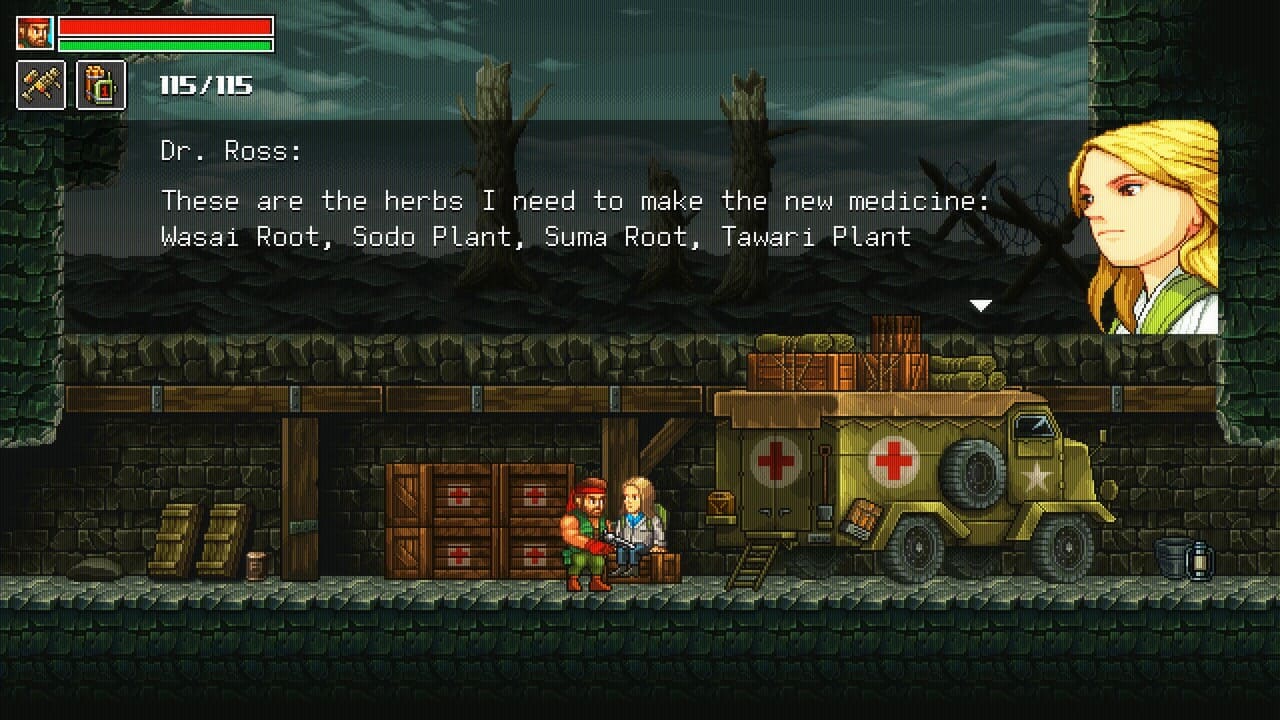 Dr. Ross discussing a side quest requesting herbs for medicine in Guns of Fury
