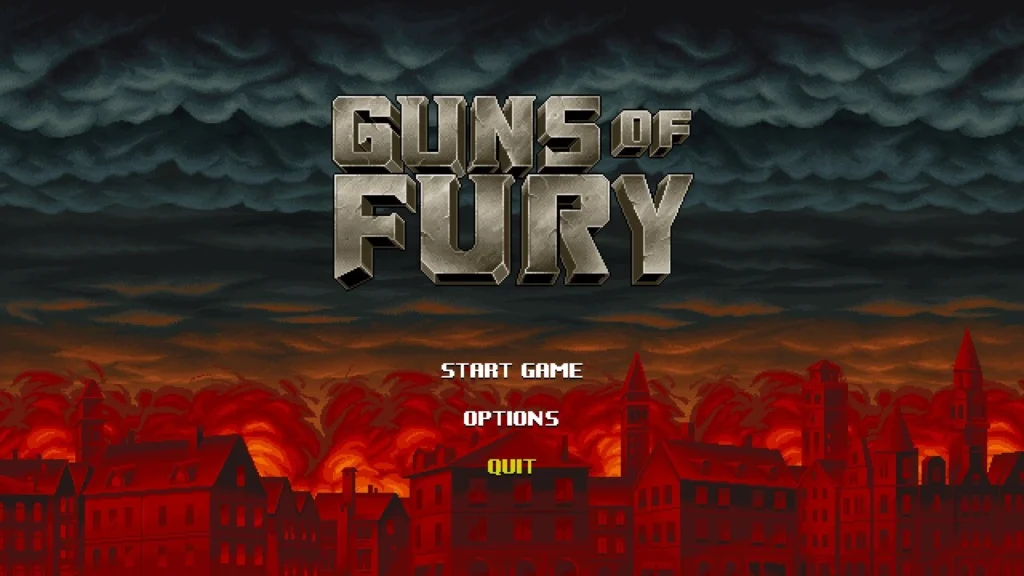 Guns of Fury main menu with Start Game, Options, and Quit over a burning city background