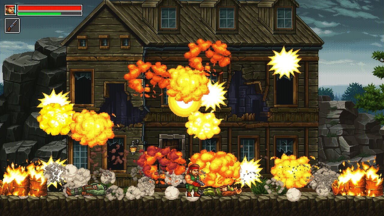 Giant house exploding with massive fiery blasts in Guns of Fury