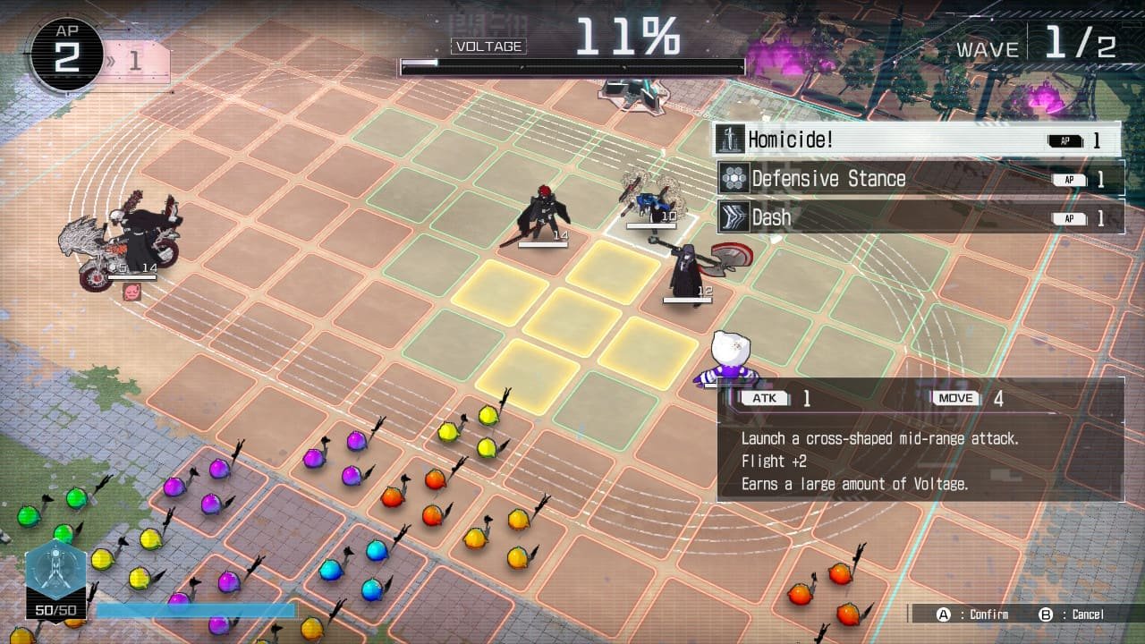 Preview overlay showing cross-shaped area of effect for Darumi’s “Homicide!” move in The Hundred Line