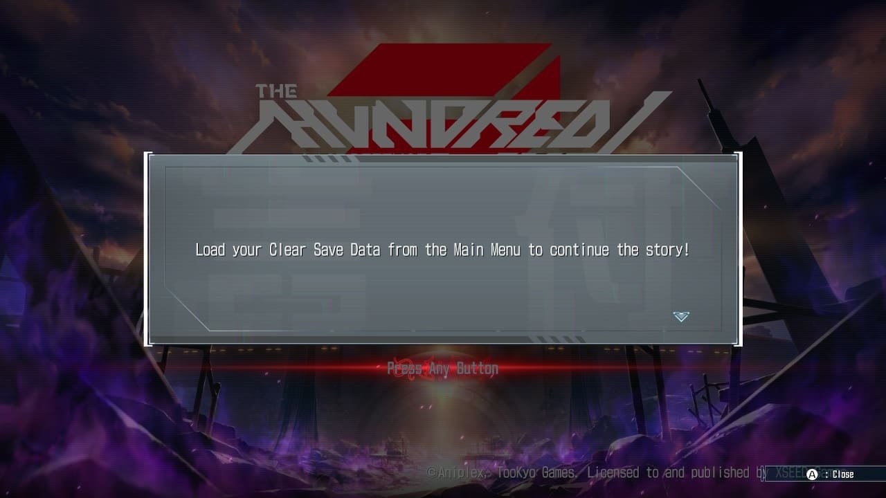 Dialog prompt instructing player to load Clear Save Data in The Hundred Line: Last Defense Academy