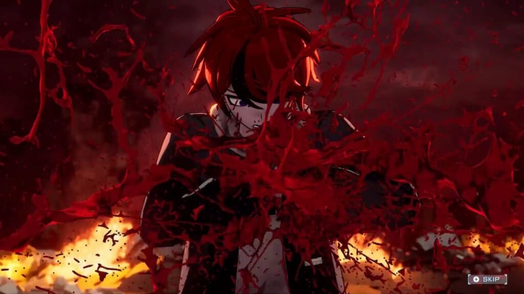 Takumi engulfed in flames and blood during a key cutscene in The Hundred Line: Last Defense Academy