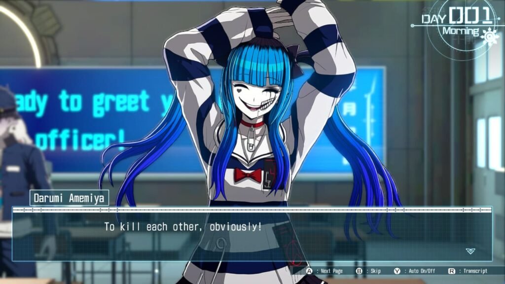 Darumi delivering a darkly humorous line in classroom scene from The Hundred Line