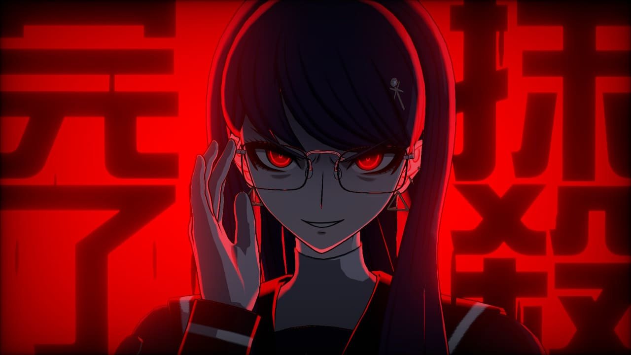 Hiruko’s Extermination animation with glowing red laser eyes against red and black background in The Hundred Line