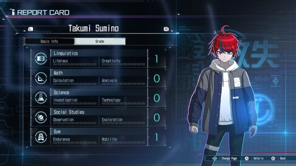 Takumi’s report card screen showing character stats and progress in The Hundred Line