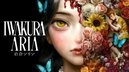 Iwakura Aria key art featuring a young woman surrounded by flowers and butterflies, hinting at psychological horror