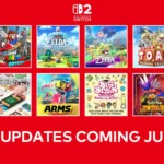 Collage of Nintendo first-party games including Super Mario 3D World, Super Mario Odyssey, The Legend of Zelda: Link's Awakening, ARMS, and others, with bold red banner text reading “Free Updates Coming June 5th.”