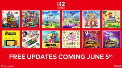 Collage of Nintendo first-party games including Super Mario 3D World, Super Mario Odyssey, The Legend of Zelda: Link's Awakening, ARMS, and others, with bold red banner text reading “Free Updates Coming June 5th.”