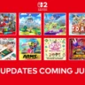 Collage of Nintendo first-party games including Super Mario 3D World, Super Mario Odyssey, The Legend of Zelda: Link's Awakening, ARMS, and others, with bold red banner text reading “Free Updates Coming June 5th.”
